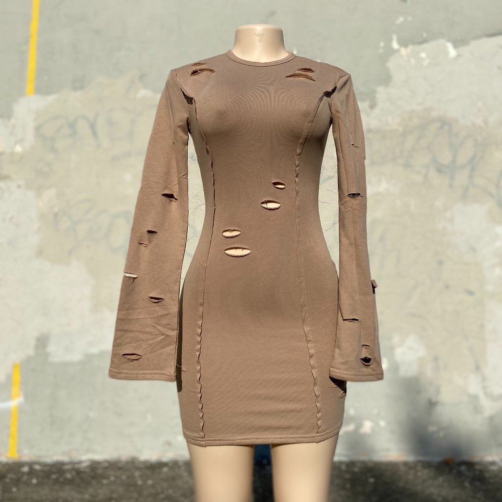 Distressed Brown Tan Long-Sleeve Dress